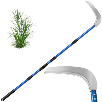 12.6'' Scythe Tool for Grass Cutting, 4 Stainless Steel Poles, Adjustable Dual-Hand Grip, Professional-Grade Blade, for Clearing Bushes, Vines, Fields, Ditches, Paths, Landscaping, Blue, 67in. - size: 12.6'' Scythe with 4 Poles