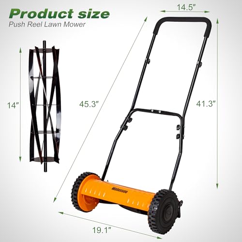 Walensee 14-Inch Manual Lawn Mower, 5-Blade Push Reel, 4 Heights - size: 14-Inch No Catcher