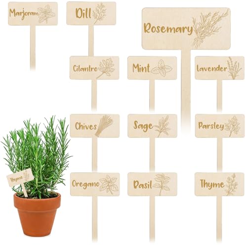 JarThenaAMCS 24Pcs Wooden Plant Label Signs 12 Styles Spring Summer Garden Herb Markers Wood T-Type Tags Reusable Plant Stake Tags with Names for Nursery Indoor Outdoor Garden Decor