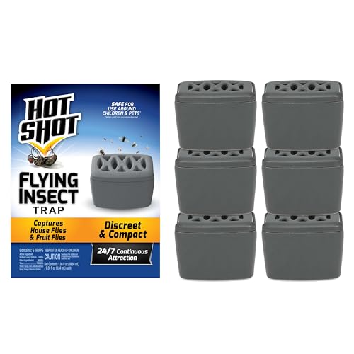 Hot Shot Flying Insect Trap, Discreet, Hassle-Free Attracts, Captures House and Fruit Flies, 24/7 Continuous Attraction, No Plug-in or Electricity Needed, 6 Count 984ml Each, 0.2 Kilograms