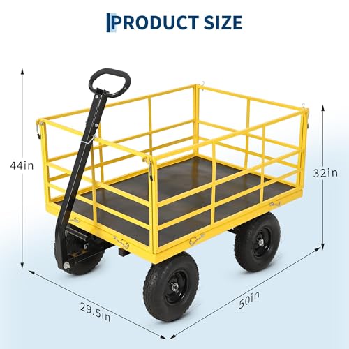 1500 lbs Heavy Duty Steel Garden Cart - Utility Yard Wagon - Removable Mesh Sides & 180° Swivel Handle - Flat-Free All-Terrain 13-Inch Wheels - Red Rims, Black Frame, Black Handlebars - color: Yellow