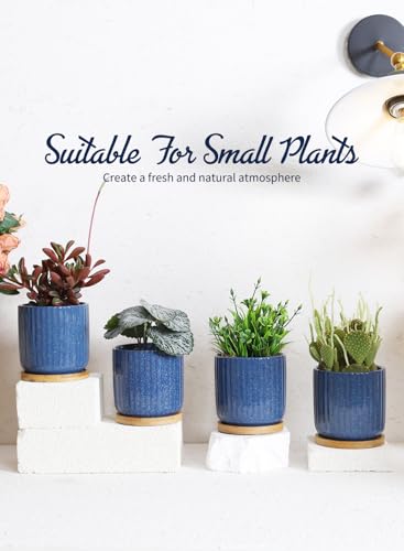 4 Inch Cylinder Ceramic Plant Pots with Trays, Blue, Set of 4 - color: Blue(4inch)