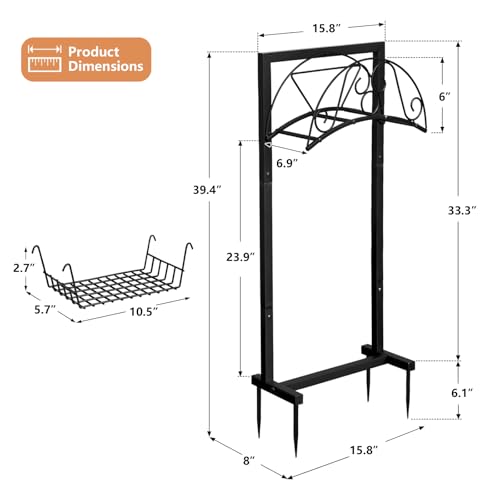 Skypatio Garden Hose Holder with Basket, Metal Water Hose Holder Holds 150ft Hose, Freestanding Hose Storage Stand with 4 Stakes, Rust-Resistant Heavy Duty Hose Hanger for Outside