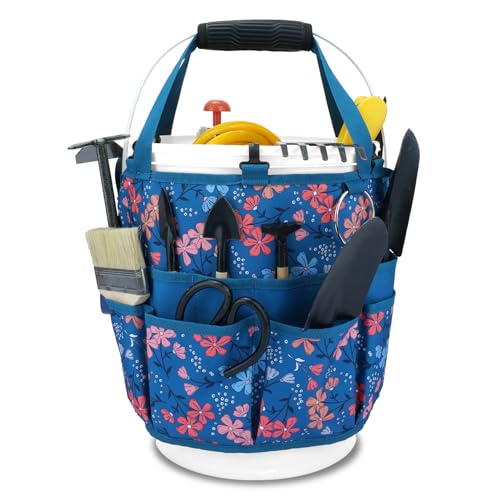 KUNN Bucket Organizer 5 Gallon 18-Pocket Tool Bucket Bag with 6 Hooks, Gardening Tool Holder Caddy for Gardeners, Outdoor Yard Work, Soil Plant Flower Gardening Accessories with Grip Pad, Blue - color: Blue Floral