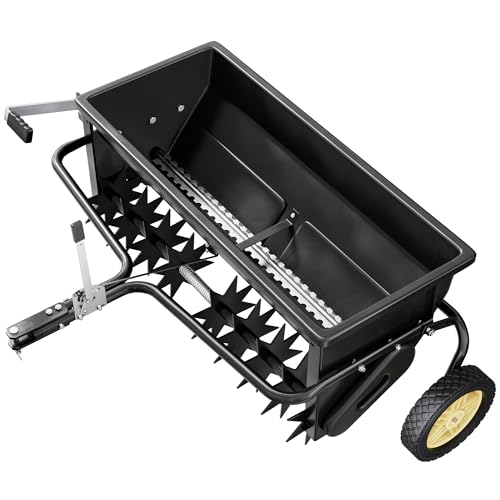 PPOLB 32 Inch Lawn Spreader with Aerator Spikes Tow Behind, 2-in-1 Broadcast Spreader & Lawn Aerator for ATV UTV Tractor, Heavy Duty Steel Hopper, Adjustable Flow Control, Lawn Care Seeder Fertilizer