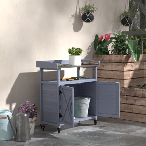 Outdoor Wooden Storage Bench with Storage Cabinet and Aluminum Table Top for Garden, Backyard, Wooden Potting Bench with Rubber Wheels for Lawn, Living Room, Balcony