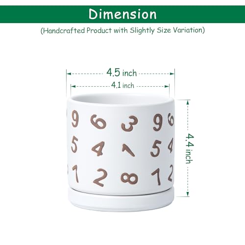 D'vine Dev Set of 2 Ceramic Planter Pots with Drainage Hole and Saucer, 4.5 Inch Plant Pots for Plants Indoor Houseplants, White, 99-Z-B-1-V - size: 4", style: Numbers White