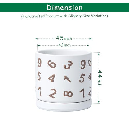 D'vine Dev Set of 2 Ceramic Planter Pots with Drainage Hole and Saucer, 4.5 Inch Plant Pots for Plants Indoor Houseplants, White, 99-Z-B-1-V - size: 4", style: Numbers White
