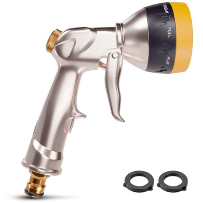 Metal Garden Heavy Duty Hose Nozzle, 8 Spray Patterns, Lock Clip - color: Metal-Yellow