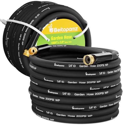 Beitopamz 100 ft Garden Hose, 5/8 in Heavy Duty Water Hose, Flexible and Durable, Lightweight Rubber Hybrid Hose, Leak-Free Connections, Male to Female 3/4'' Brass Fittings for Patio, Lawn, Black - size: 100ft Male to Female