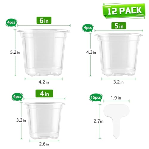 SupKing Clear Nursery Pots 6/5/4 Inch Plastic Seed Starter,12 Pack Plastic Pots for Plants with Drainage Holes for Transplanting Succulents Cuttings Come with 15 Seedlings Labels - size: 4/5/6 Inch