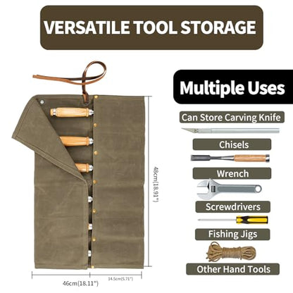 Chisel Roll, 6 Pockets Roll Up Tool Pouch, Waxed Canvas Small Tool Roll - color: Coffee