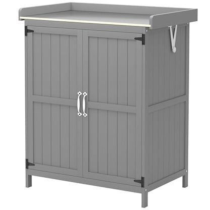 Outdoor Storage Cabinet, Garden Tool Shed with Stainless Steel Tabletop and Shelf, Wooden Potting Bench with Double Doors, Gray