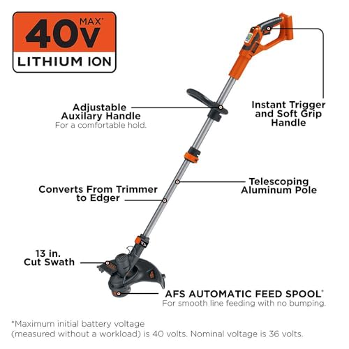 BLACK+DECKER 40V MAX String Trimmer and Lawn Edger, 13 Inch Weed Eater, Far Reach, Battery and Charger Not Included (LST136B) - style: Bare Tool Only