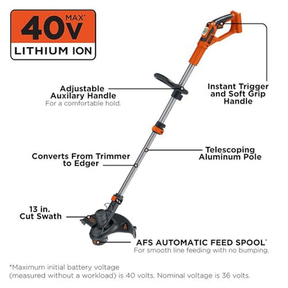 BLACK+DECKER 40V MAX String Trimmer and Lawn Edger, 13 Inch Weed Eater, Far Reach, Battery and Charger Not Included (LST136B) - style: Bare Tool Only
