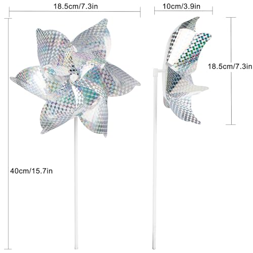 10 Pack Reflective Pinwheels for Garden Yard - Sparkly Silver Bird Deterrent Devices for Outside - Humane Woodpecker, Pigeon & Goose Repellent Wind Spinners - Decorative Mylar Pin Wheels with Stakes