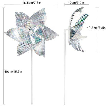 10 Pack Reflective Pinwheels for Garden Yard - Sparkly Silver Bird Deterrent Devices for Outside - Humane Woodpecker, Pigeon & Goose Repellent Wind Spinners - Decorative Mylar Pin Wheels with Stakes