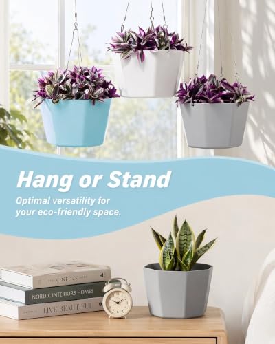 5.9 Inch Hanging Planter Pots, 3 Pack Self-Watering Flower Pot with Water Tray & Metal Chain, Plastic Hanging Plant Pots for Home Garden Porch Balcony Patio Decor, 3 Colors