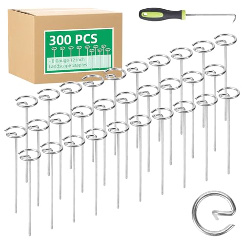 300 Pack 12 Inch Landscape Staples, Thickened 8 Gauge Circle Top Garden Stakes Heavy Duty Galvanized Landscape Fabric Pins for Securing Weed Barrier, Turf, Lawn, Fence, Tent - size: 12 Inch