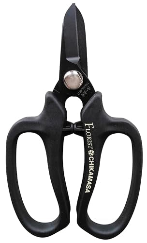 CHIKAMASA MF-9000, Precision Shears for Florists, Carbon Steel with Fluorine Coating and built-in wire cutter. For flower arrangement, fresh flowers, general gardening. Designed with florists. (Black) - color: Black
