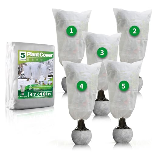 Avalution Plant Covers Freeze Protection, 5 Packs Frost Cloths for Outdoor Plants, 40" X47" Reusable Frost Blankets, 2.2oz Tree Cover Freeze Protection Drawstring Bags for Potted Shrub - size: 40"*47"-5PACK