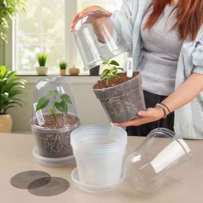 BTPLASTIK 6 Inch Clear Nursery Pots with Humidity Domes 15 Pack, Transparent Plastic Plant Pot with Drainage Holes and Saucers, Seed Starter Pots with 15 Pcs Plant Labels and 15 Pcs Soil Screens - size: 6 Inch-15P-with Humidity Domes