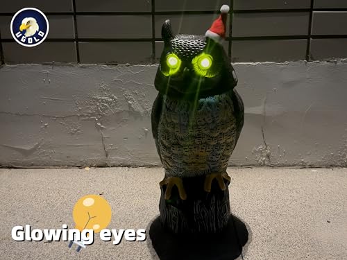 Solar Powered Owl, Motion Detection, Rotating Head, Realistic Hoots and Silent Mode, Outdoor Statue, Sculpture, Owl Decoration with a Christmas Hat for Home, Garden, Patio and Lawn