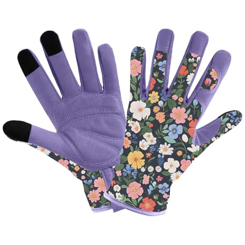 Gardening Gloves for Women, Touchscreen Printed Thorn-Proof - color: Purple 1, size: Medium