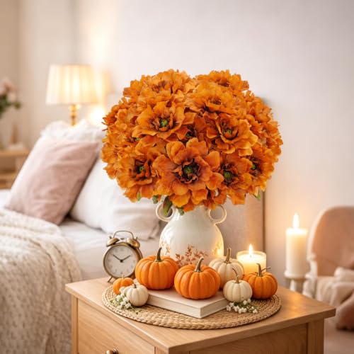 Fake Fall Flowers Artificial 4 Bundles Burnt Orange Mums for Vase - color: Brown Orange