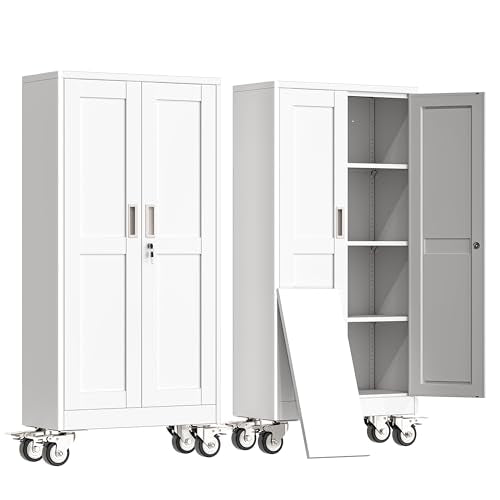erosoei 61" H Metal Garage Storage Cabinet, Rolling Tool Cabinet with 2 Doors and Wheels, Locker Steel Cabinet with 3 Adjustable Shelves, Organization Cabinet for Garage,Office,Home,Gym,School（White） - color: White, size: 61"-CasLck