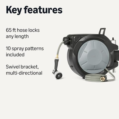 Amazon Basics Retractable Garden Hose Reel, 65 Foot, Wall Mounted, 10-Pattern Spray Nozzle, 180° Swivel Bracket - size: 65ft