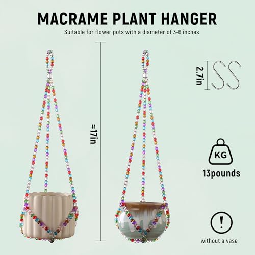 17''，2 Pack Macrame Plant Hanger, Handmade Glass Bead Plant Hanger Colorful Decorative Bohemian Hanging Planter Holder for Indoor and Outdoor Home Garden Decor. Includes Two Hooks. - size: 17 Inch, 2 Pack