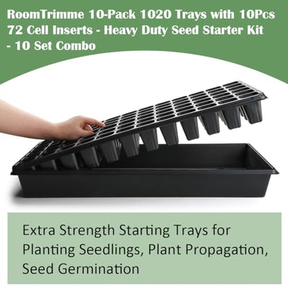 RooTrimmer 10 Pack 1020 Trays No Holes and 10 Pack 72 Cell Seed Starter Tray, 20" x 10" - Heavy Duty Reusable Plastic Seed Starter Kit for Microgreens, Seed Germination & Plant Propagation (10 Sets) - size: 72 Cells-Deep