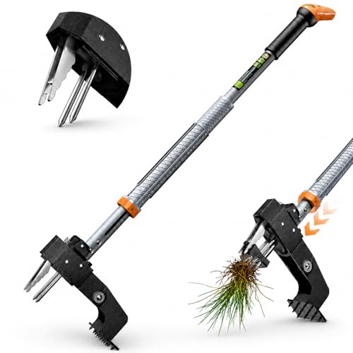 GASREKV Weed Puller Tool, 4-Claw Steel Head Stand Up Weeder, 39"-46" Adjustable Handle & Easy Eject, Root Weed Remover for Dandelion, Thistle & Crabgrass, No Bending - color: Orange