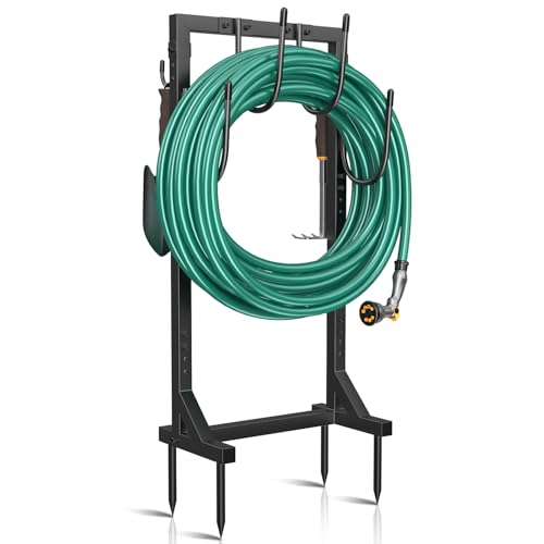 Winpull Garden Hose Holder, Metal Freestanding Hose Stand with 4 Spikes, Holds up to 150FT Hose, Sturdy Hose Reel Alternative, Heavy Duty Hose Storage for Outside Yard Lawn - color: Black-double