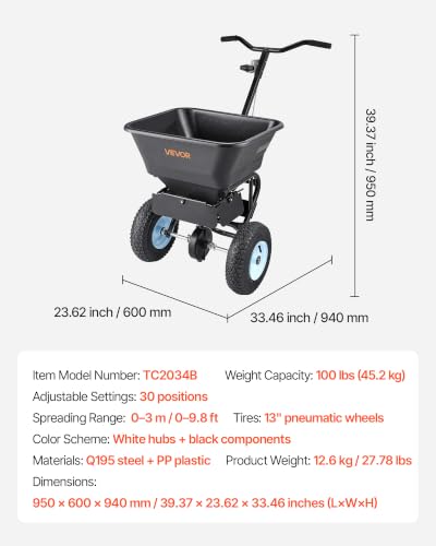 VEVOR Broadcast Spreader 100 lbs Capacity Walk-Behind Push Spreader Black | For Lawn Garden, 0-9.8 ft Spreading Width, 13 in All Terrain Pneumatic Tires, Hopper Grate for Seed Fertilizer Salt Ice Melt
