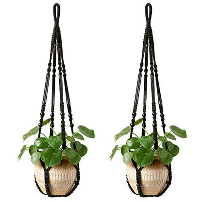Mkono Macrame Plant Hanger Indoor 35 Inch Hanging Planter Basket Black 2Pc - color: Black