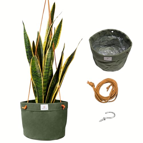 Waxed Canvas Handmade Hanging Planter for Indoor/Outdoor Plants, Hanging Basket Plant Holder Forest Green with Hook - color: Forest Green, size: 8 Inch