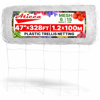 ATICCA 47 in x 328 FT Heavy Duty Plastic Trellis Netting 6-Inch Mesh, White - size: 47 in x 328 ft
