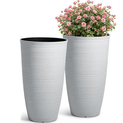2-Pack 23.5" White Plastic Tall Tapered Planters with Ribbed Texture - color: 23.5" Pp-brushed White