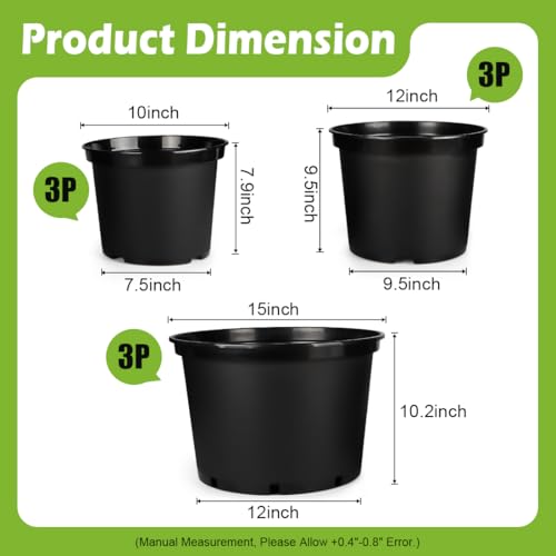 RooTrimmer 7/5/3 Gallon Plant Pots, Plastic Planter with Drainage Holes – Round, Sturdy, Nursery Pots for Indoor/Outdoor Plants, 9 Pack Set - size: 7-5-3 Gallon-9P-Black
