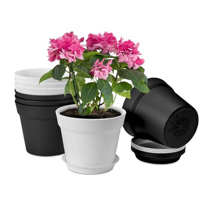 homenote 7.5 Inch Plastic Flower Pots with Drainage Holes and Trays (8 Pcs) - color: White & Black-8 Pcs, size: 7.5 Inch
