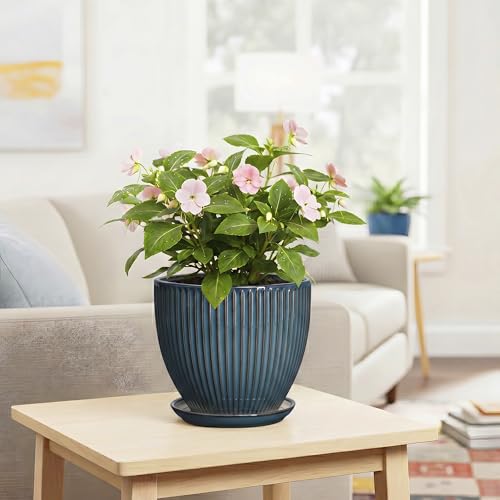 Ceramic Plant Pots, 8 Inch Planters with Saucer, Retro Blue - color: Retro Blue, size: 8 Inch