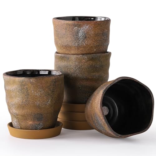 Modern Irregular Ceramic Planter Set of 4, 4 Inch Small Unique Reactive Glaze Flower Pots with Drainage Holes & Saucers - Indoor Outdoor Decorative Succulent Orchid Pots- Brown - color: Brown, size: 4inch-Set of 4