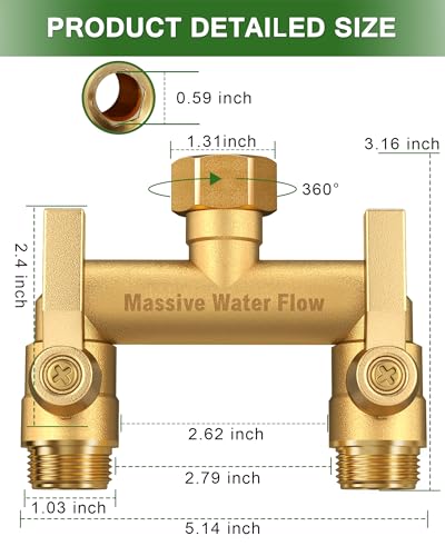 Hose Splitter 2 Way Heavy Duty, Solid Brass Full Flow Outdoor Faucet and Garden Hose Splitters, Water Spigot Splitter T Adapter, All Metal Water Connector with Shut-Off Valve, 3/4 - Inch GHT Thread - style: Brass 2 way