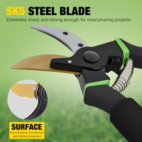 Yesker Pruning Shears for Gardening 8.5" Professional Bypass Garden Scissors Yard Clippers with Sharp SK5 Steel Blade Heavy Duty Hand Pruners for Branch Flower Plant Trimming Cutting Gardening Tools - size: 1PCS 8.5" Black & Green