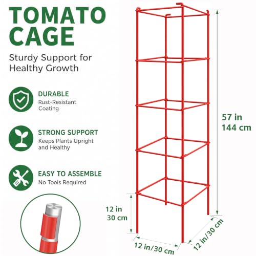 6-Pack 57inch Metal Tomato Cage for Garden Plant Support - color: Red, size: 57" H x 12" W