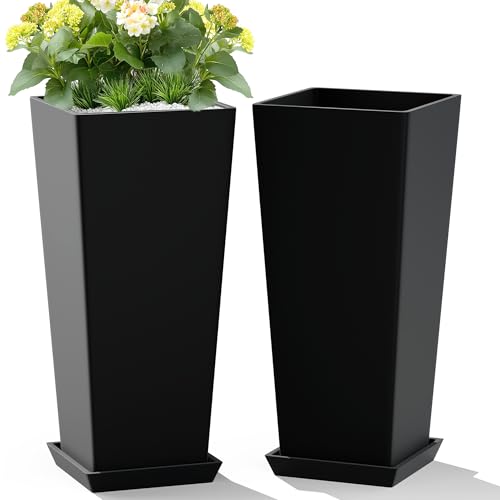 TUYOHW 24-Inch Tall Planters for Outdoor Plants, Set of 2, Black - color: Square Classic Black
