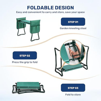 Healsmart Garden Kneeler and Seat, Foldable Kneeling Bench with Sturdy Soft EVA Foam Pad, for Camping, Gardening, Fishing, 2 Tool Pouches Included, Green - size: Kneeler and Seat