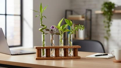 Wooden Plant Propagation Station Stand with Four Glass Test Tubes Indoor Desktop Terrarium for Hydroponics Water Plant Cutting Flower Vase Planter Home Office Garden Decor Plant Lover Gifts, Brown